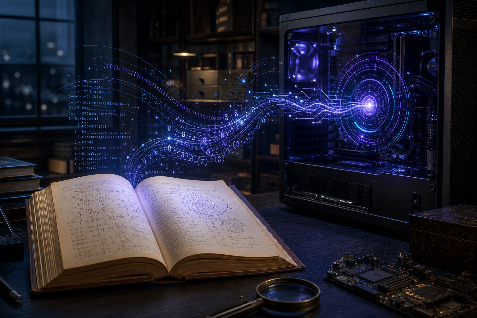 An open technical computing book sends blue-violet code, circuit paths, and a luminous spirit-like pulse into a modern computer.